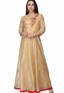Embroidered Chanderi Silk Gown in Beige