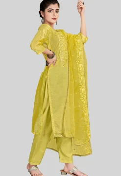 Embroidered Chanderi Silk Pakistani Suit in Yellow