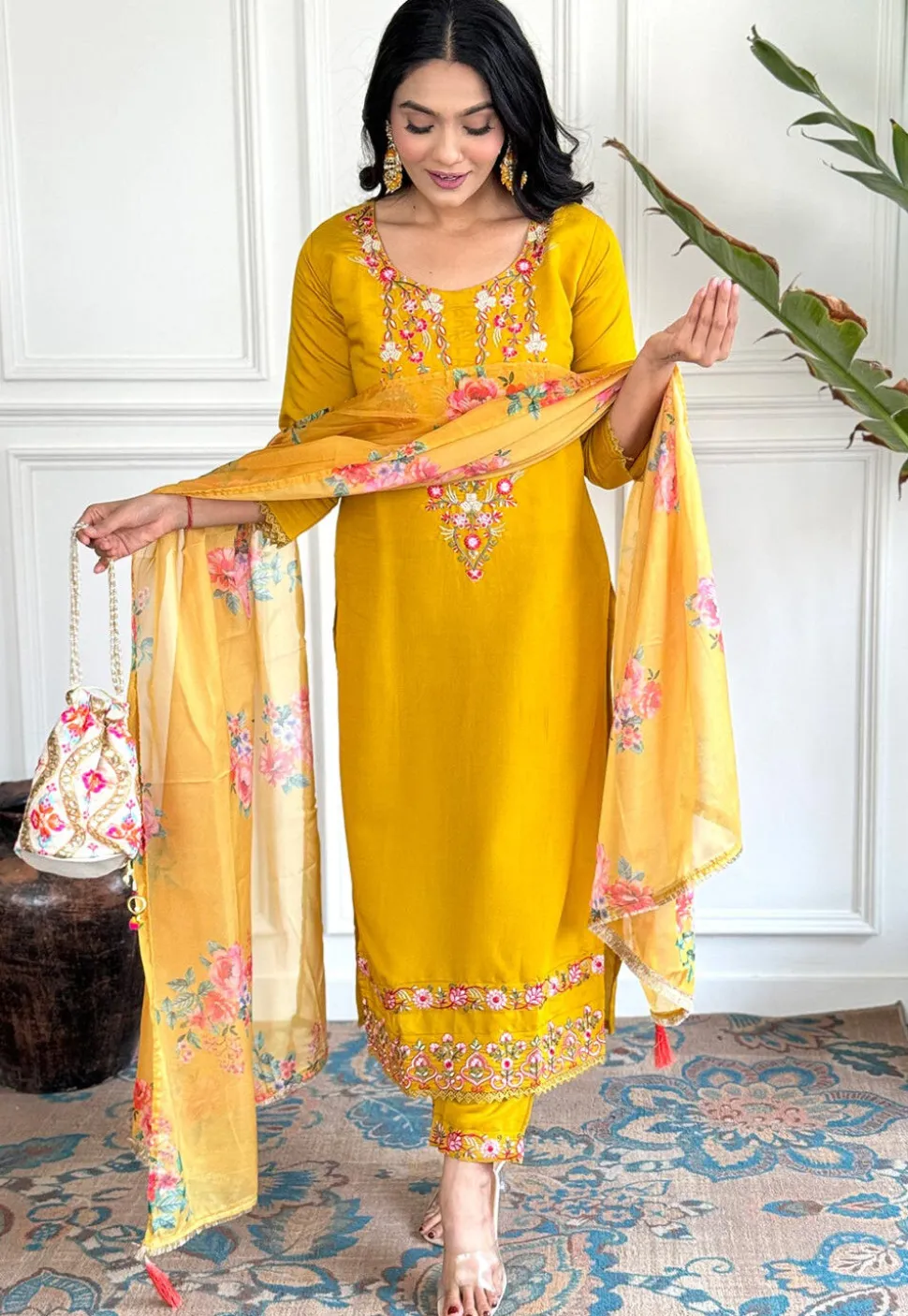 Embroidered Chanderi Silk A Line Suit in Light Green