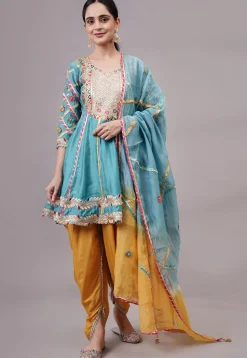 Embroidered Chanderi Silk Aline Suit in Blue