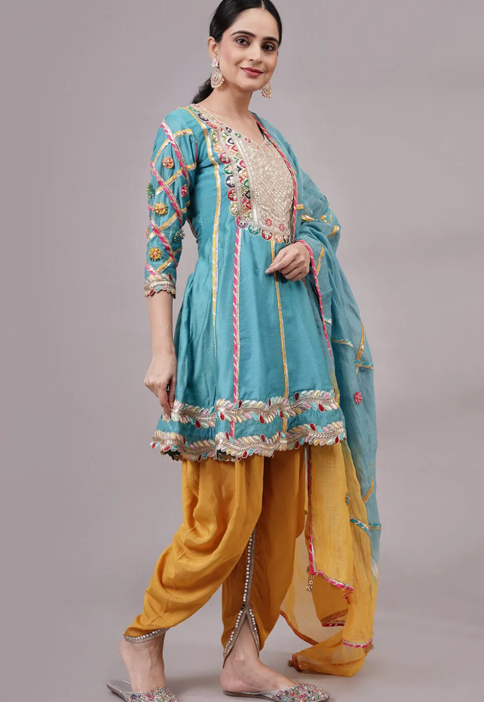 Embroidered Chanderi Silk Aline Suit in Blue