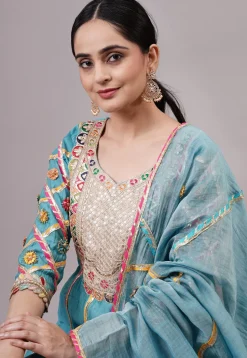 Embroidered Chanderi Silk Aline Suit in Blue