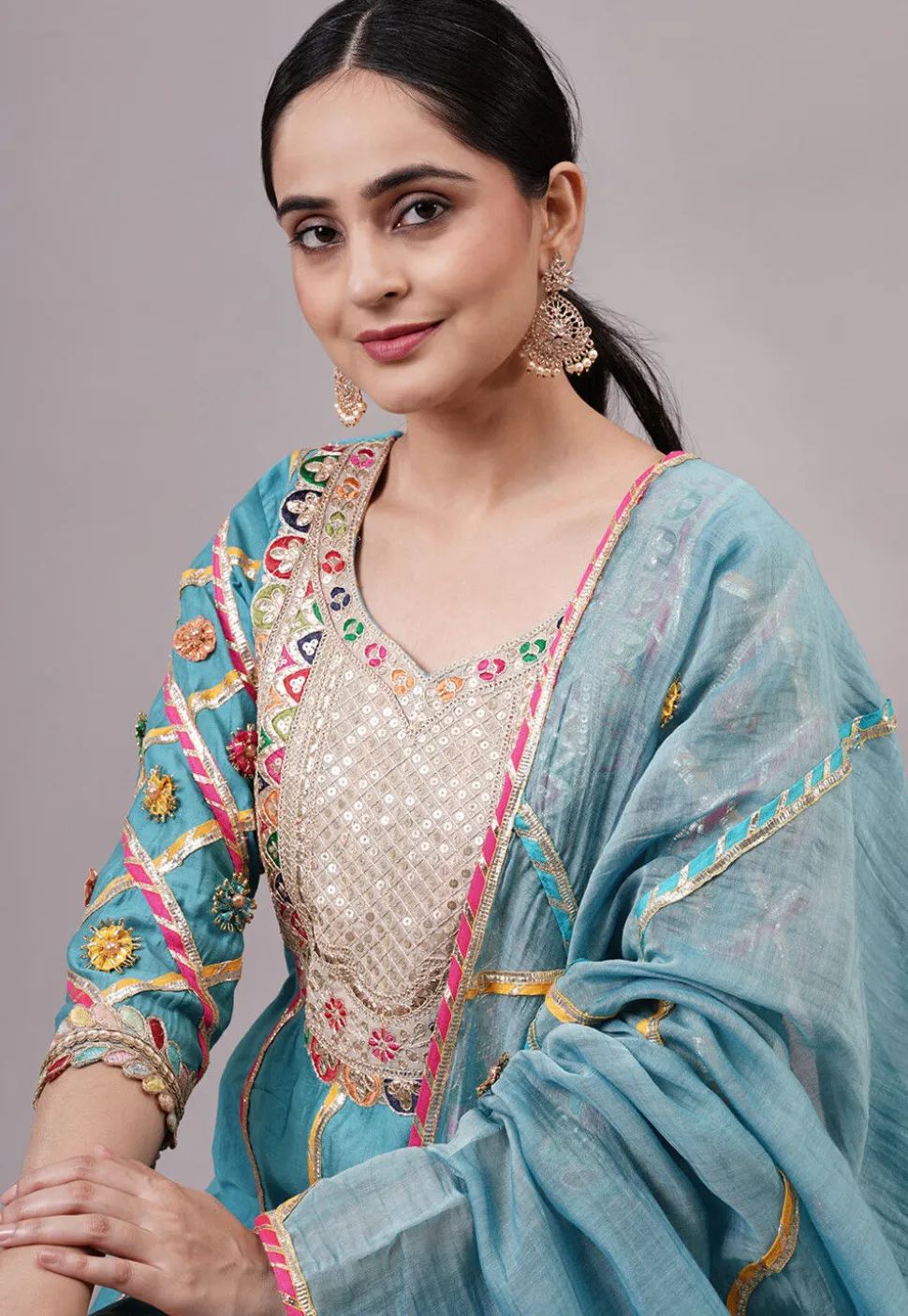 Embroidered Chanderi Silk Aline Suit in Blue