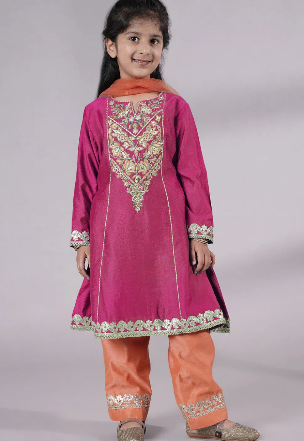 Embroidered Chanderi Silk Punjabi Suit in Magenta
