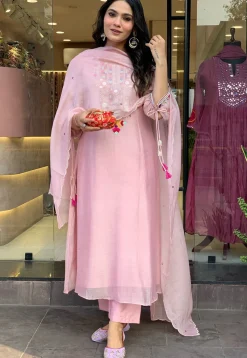 Embroidered Chanderi Silk A Line Suit in Pink