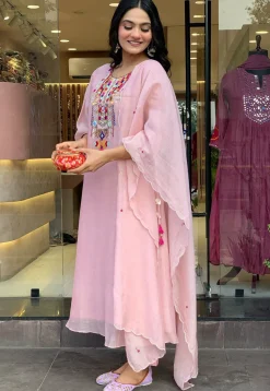 Embroidered Chanderi Silk A Line Suit in Pink