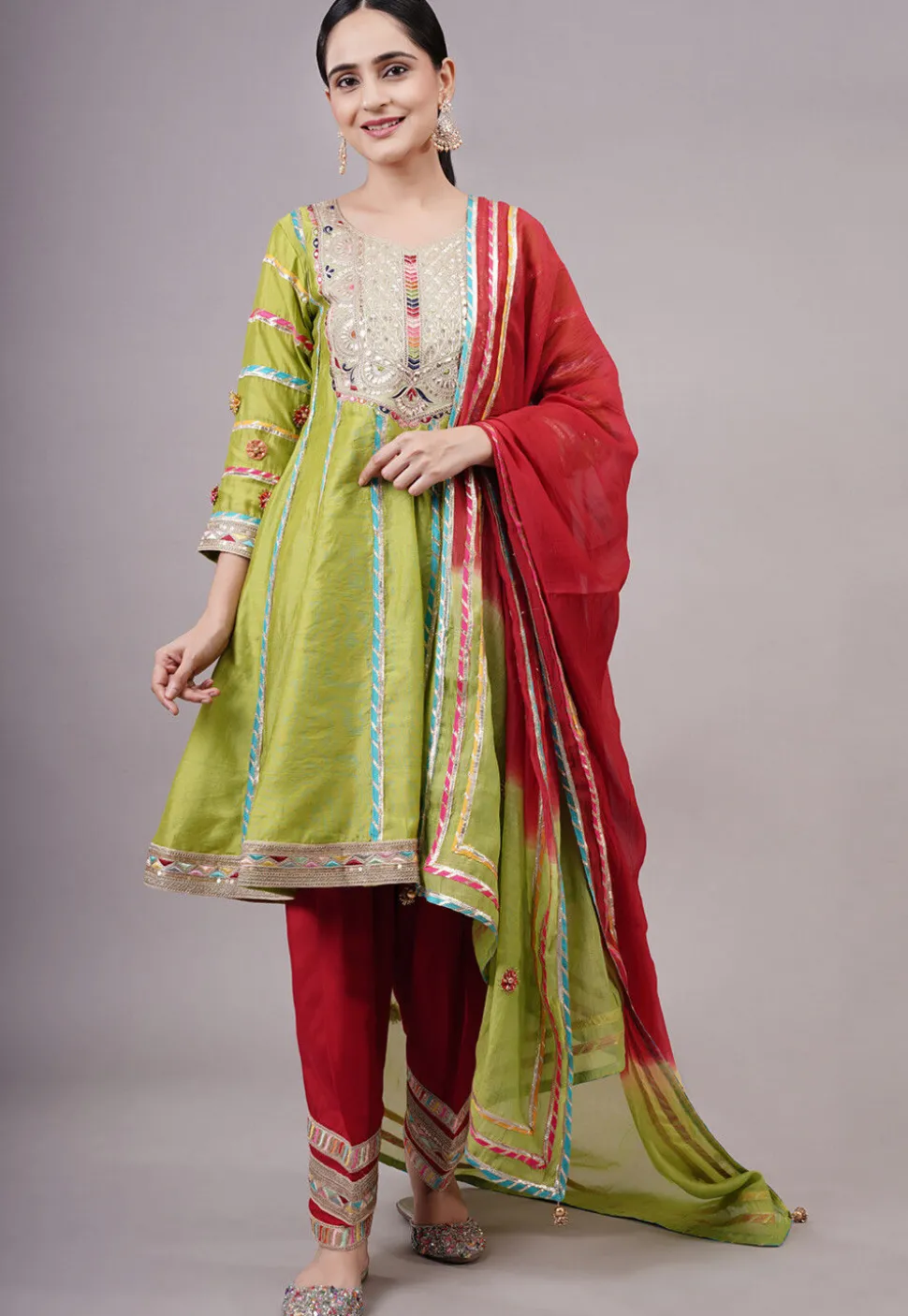 Embroidered Chanderi Silk Anarkali Suit in Olive green