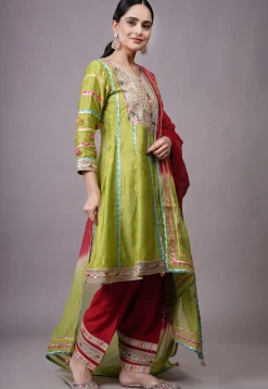 Embroidered Chanderi Silk Anarkali Suit in Olive green