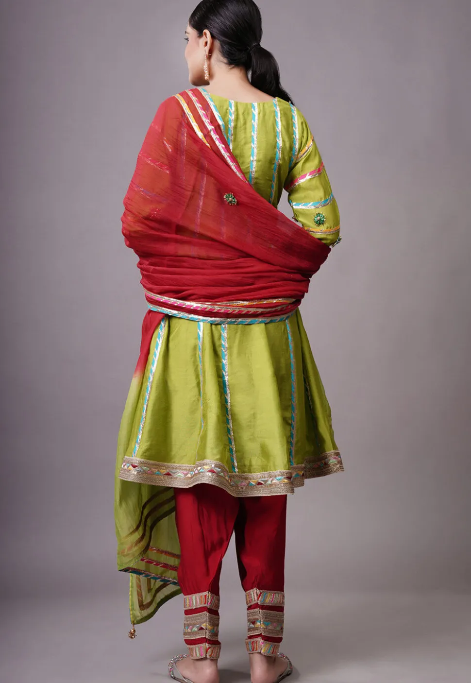 Embroidered Chanderi Silk Anarkali Suit in Olive green