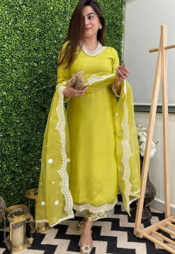 Embroidered Chanderi Silk Pakistani Suit in Yellow