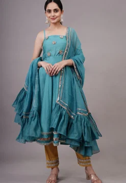 Embroidered Chanderi Silk Aline Suit in Blue