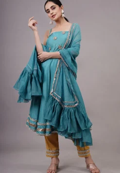 Embroidered Chanderi Silk Aline Suit in Blue