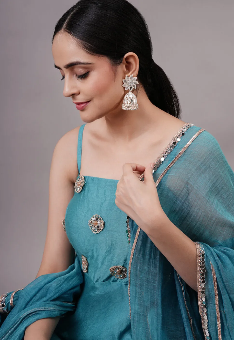 Embroidered Chanderi Silk Aline Suit in Blue