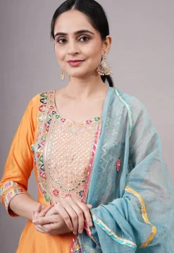 Embroidered Chanderi Silk Aline Suit in Orange