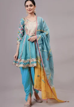 Embroidered Chanderi Silk Anarkali Suit in Blue
