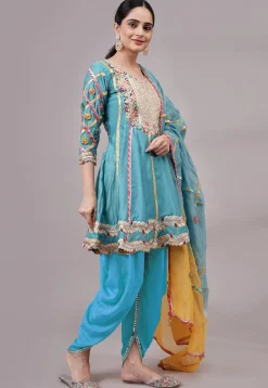Embroidered Chanderi Silk Anarkali Suit in Blue