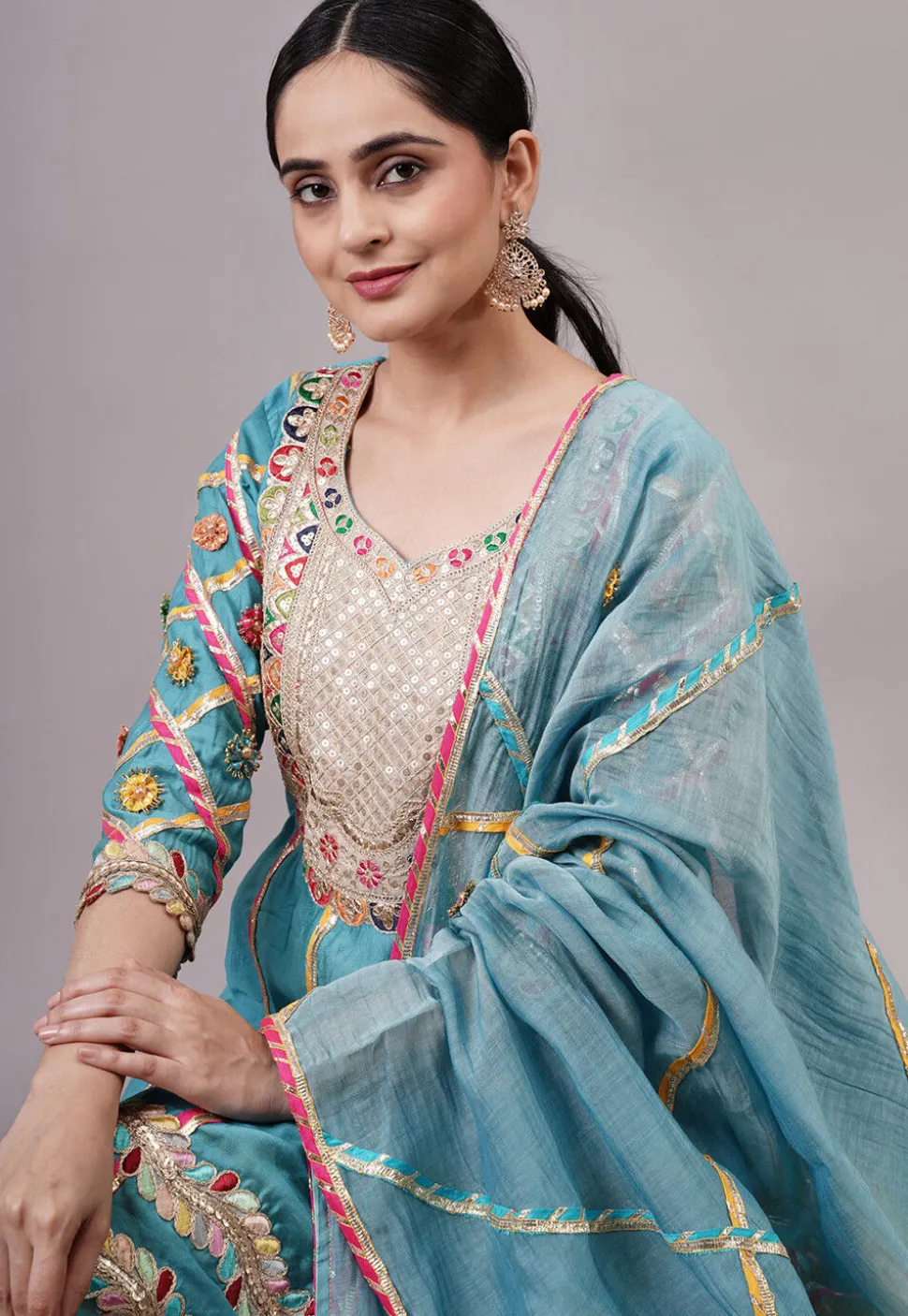 Embroidered Chanderi Silk Anarkali Suit in Blue