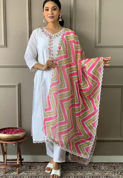 Embroidered Chanderi Silk Pakistani Suit in Off White
