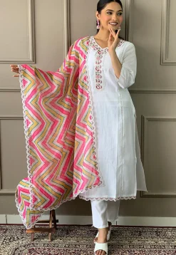 Embroidered Chanderi Silk Pakistani Suit in Off White