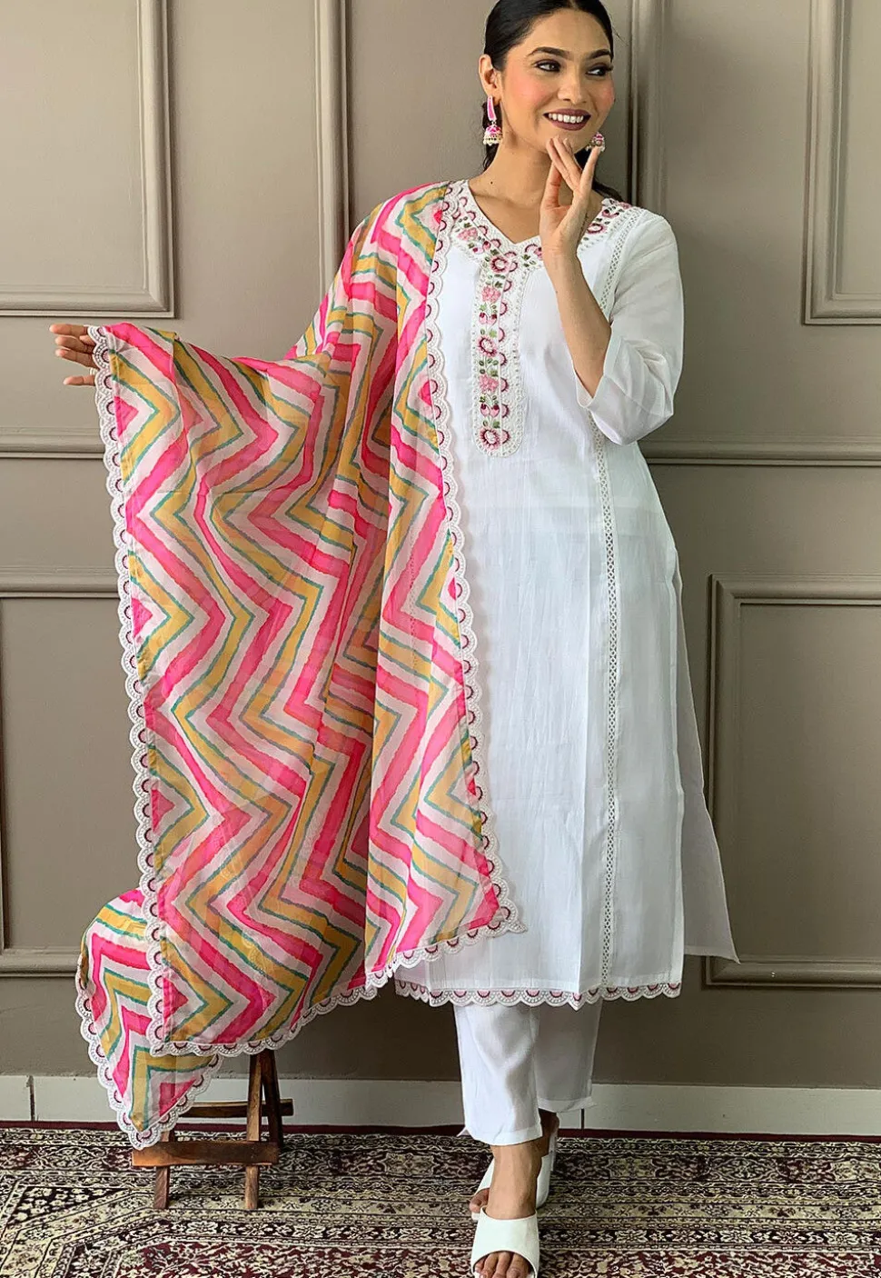 Embroidered Chanderi Silk Pakistani Suit in Off White