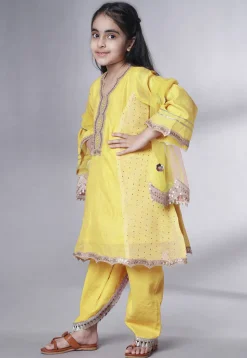 Embroidered Chanderi Silk Punjabi Suit in Yellow