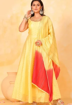 Embroidered Chanderi Silk Jacquard Abaya Style Suit in Yellow
