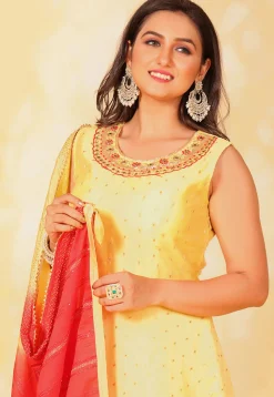 Embroidered Chanderi Silk Jacquard Abaya Style Suit in Yellow