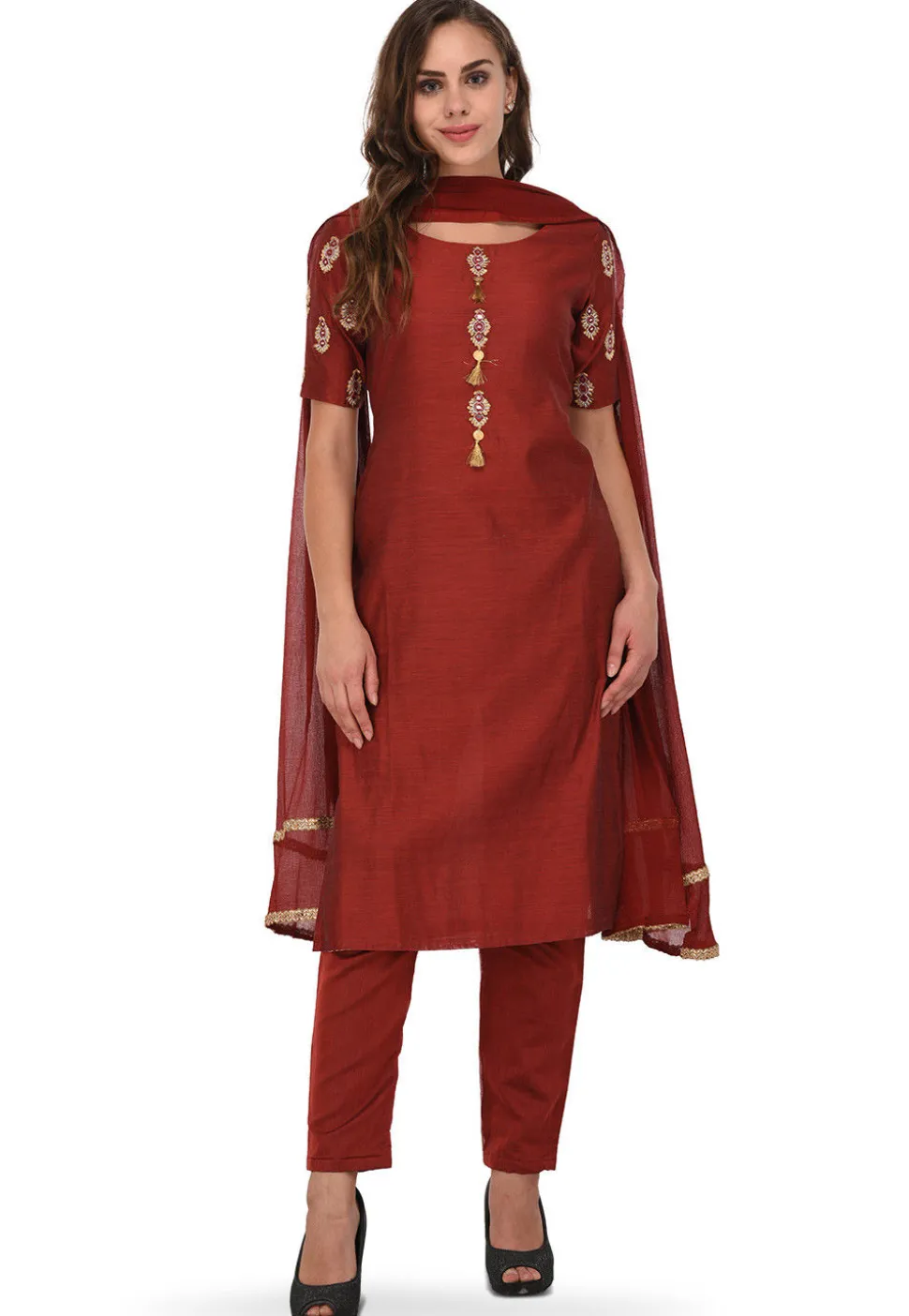 Embroidered Chanderi Silk Straight Suit in Maroon