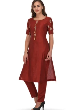 Embroidered Chanderi Silk Straight Suit in Maroon