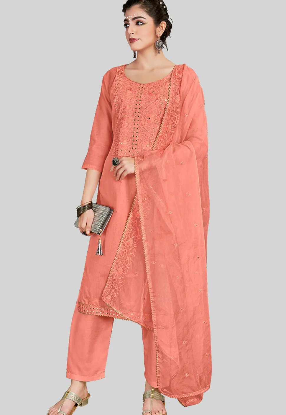 Embroidered Chanderi Silk Pakistani Suit in Peach