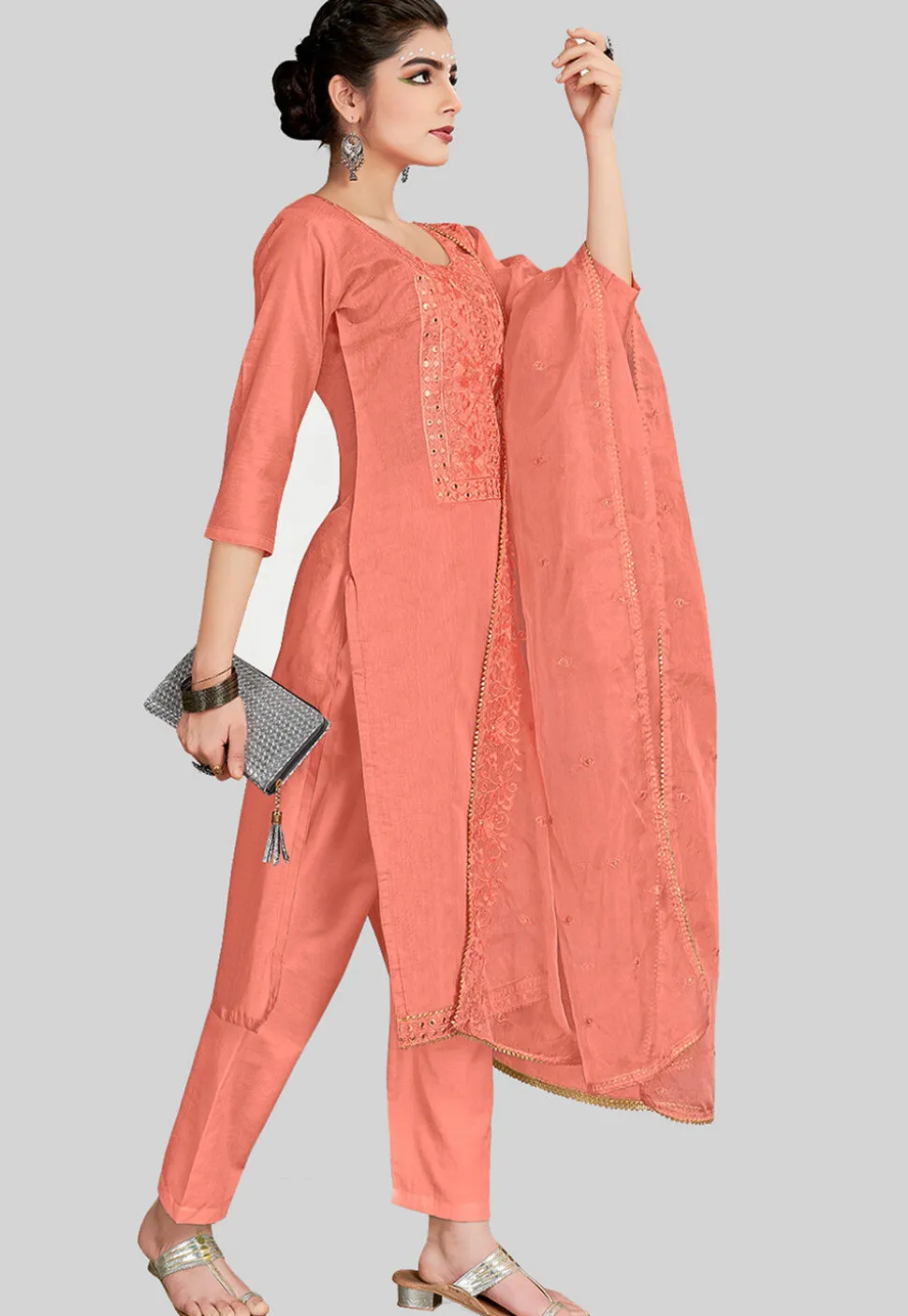 Embroidered Chanderi Silk Pakistani Suit in Peach