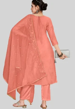 Embroidered Chanderi Silk Pakistani Suit in Peach