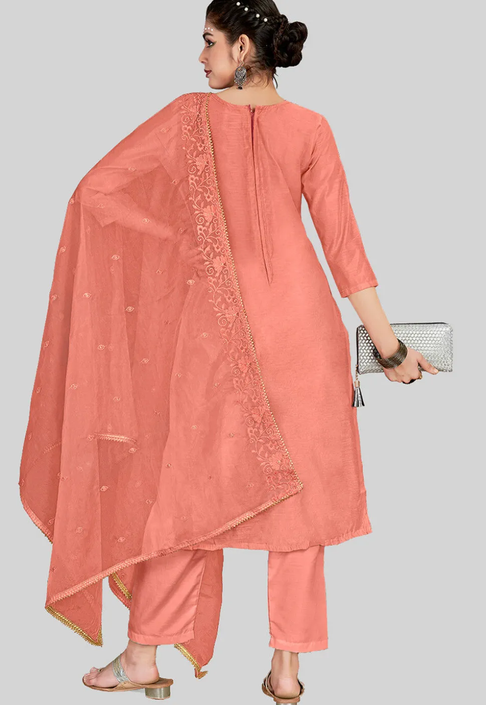 Embroidered Chanderi Silk Pakistani Suit in Peach
