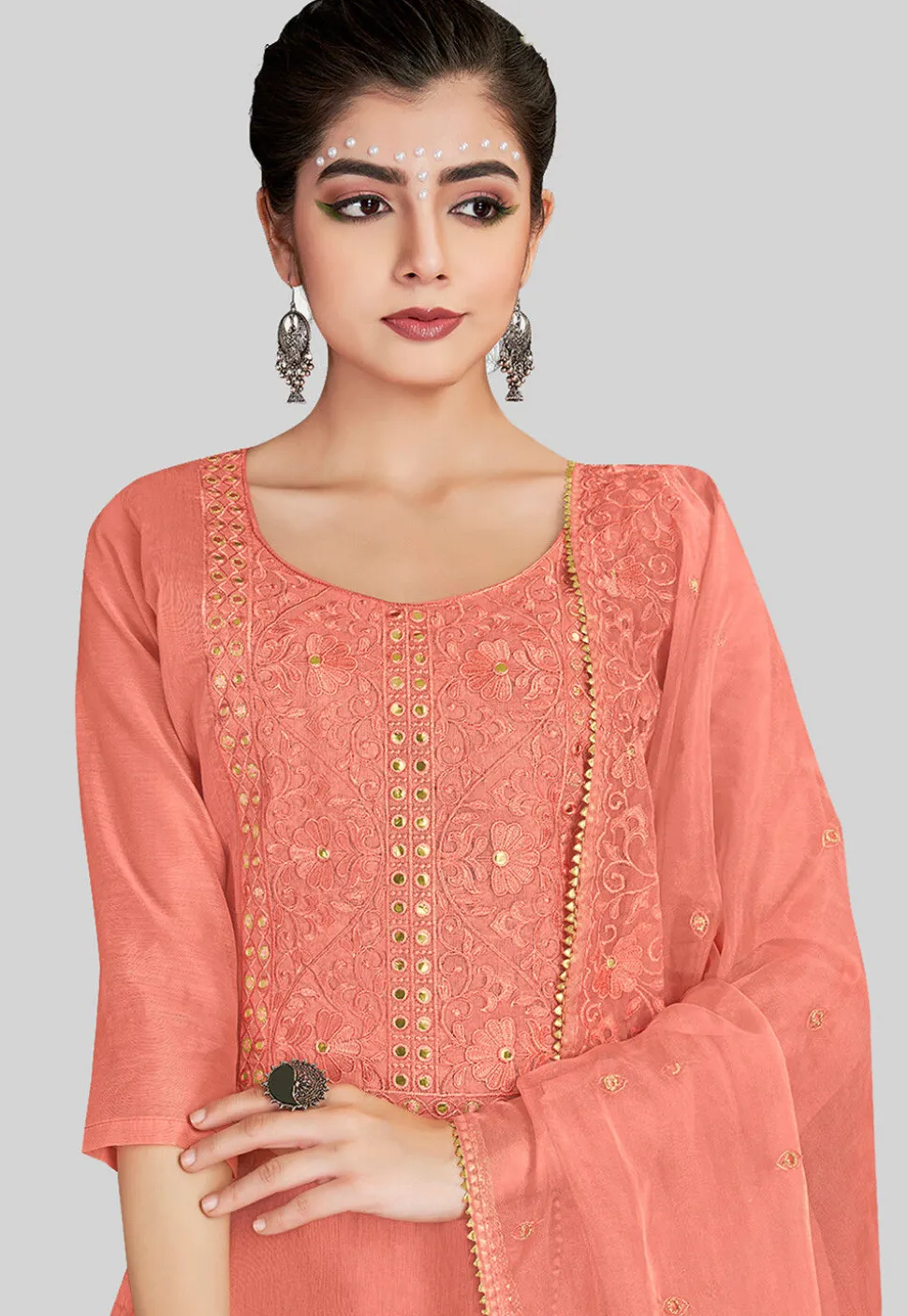 Embroidered Chanderi Silk Pakistani Suit in Peach