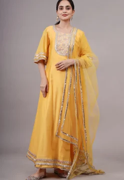 Embroidered Chanderi Silk Abaya Style Suit in Yellow