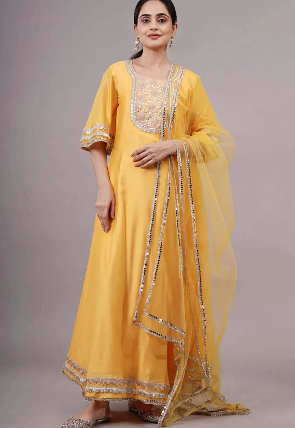 Embroidered Chanderi Silk Abaya Style Suit in Yellow