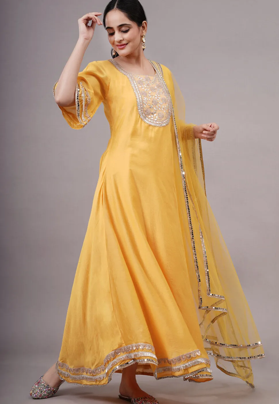 Embroidered Chanderi Silk Abaya Style Suit in Yellow