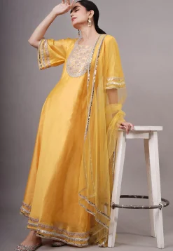 Embroidered Chanderi Silk Abaya Style Suit in Yellow