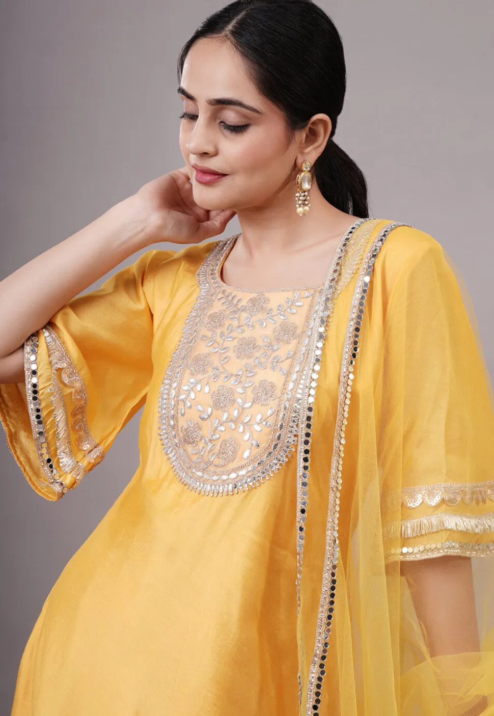 Embroidered Chanderi Silk Abaya Style Suit in Yellow
