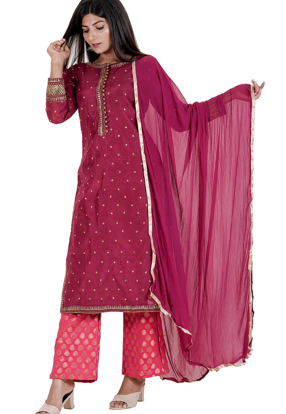 Embroidered Chanderi Silk Pakistani Suit in Wine