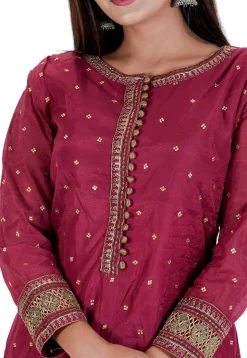 Embroidered Chanderi Silk Pakistani Suit in Wine