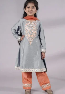 Embroidered Chanderi Silk Punjabi Suit in Grey