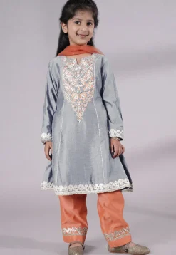 Embroidered Chanderi Silk Punjabi Suit in Grey