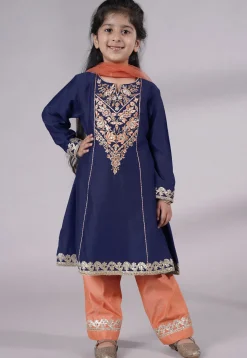 Embroidered Chanderi Silk Punjabi Suit in Navy Blue