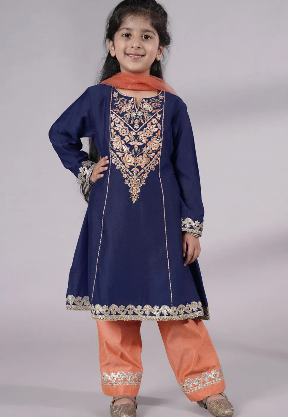 Embroidered Chanderi Silk Punjabi Suit in Navy Blue