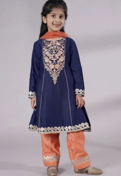 Embroidered Chanderi Silk Punjabi Suit in Navy Blue