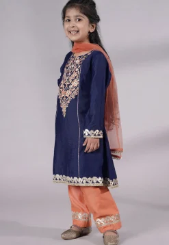 Embroidered Chanderi Silk Punjabi Suit in Navy Blue