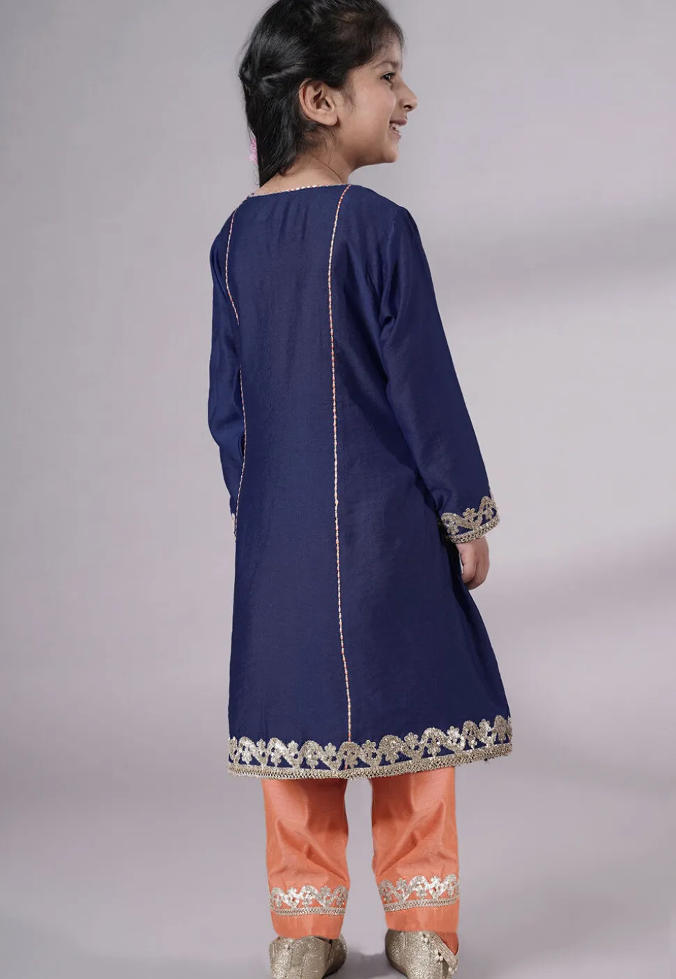 Embroidered Chanderi Silk Punjabi Suit in Navy Blue