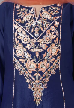 Embroidered Chanderi Silk Punjabi Suit in Navy Blue
