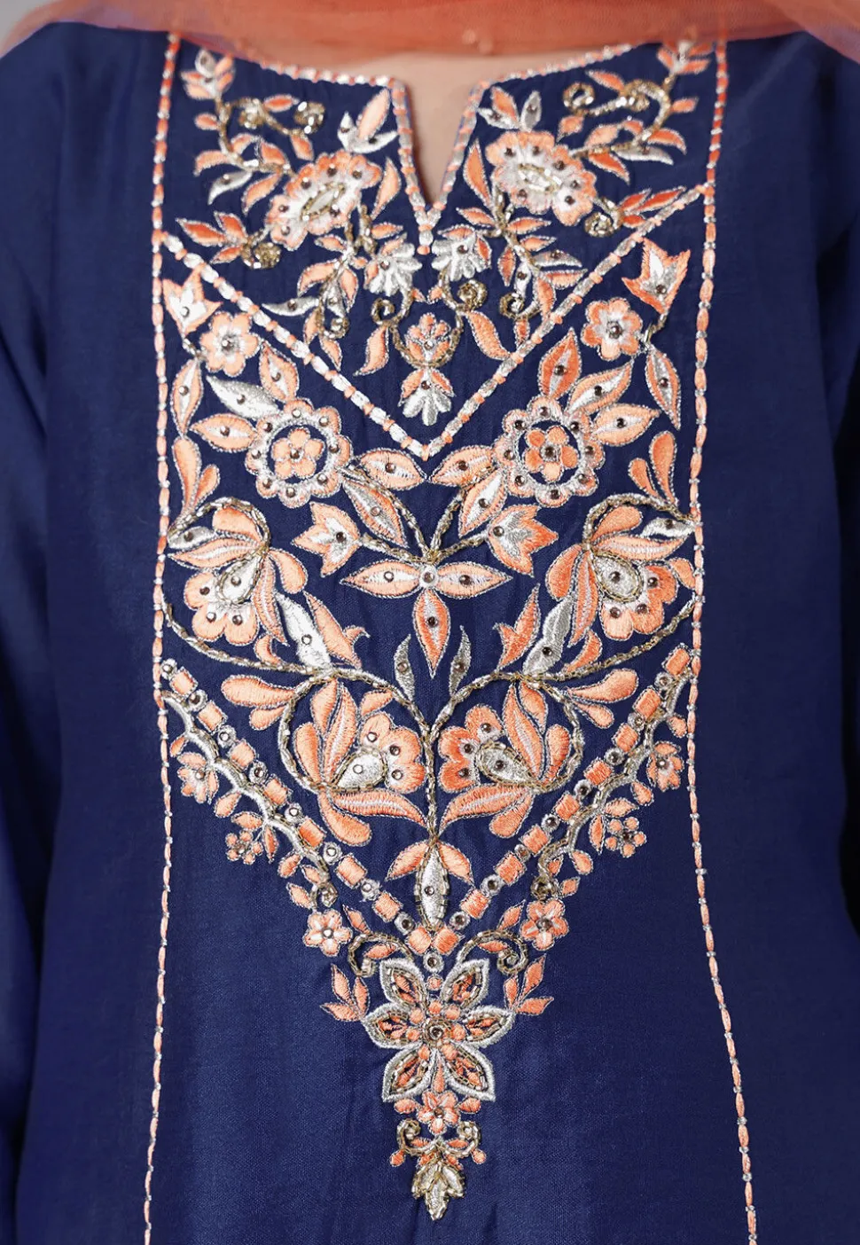 Embroidered Chanderi Silk Punjabi Suit in Navy Blue